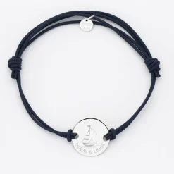 Bracelet homme personnalisé cordon doublé médaille gravée argent 2 trous 20 mm - Edition spéciale Marin