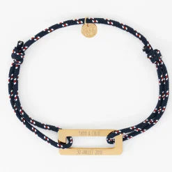 Bracelet homme personnalisé cordage marin simple médaille gravée acier doré rectangle évidé 32x14 mm