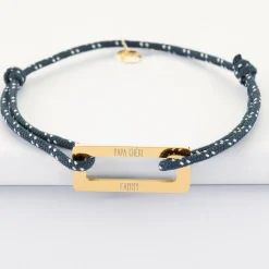 Bracelet homme personnalisé cordage marin simple médaille gravée acier doré rectangle évidé 32x14 mm