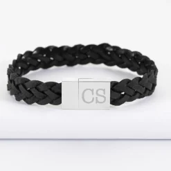 Bracelet homme personnalisé cuir tressé fermoir gravé acier 15x15 mm