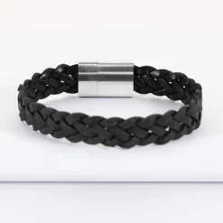 Bracelet homme personnalisé cuir tressé fermoir gravé acier 15x15 mm