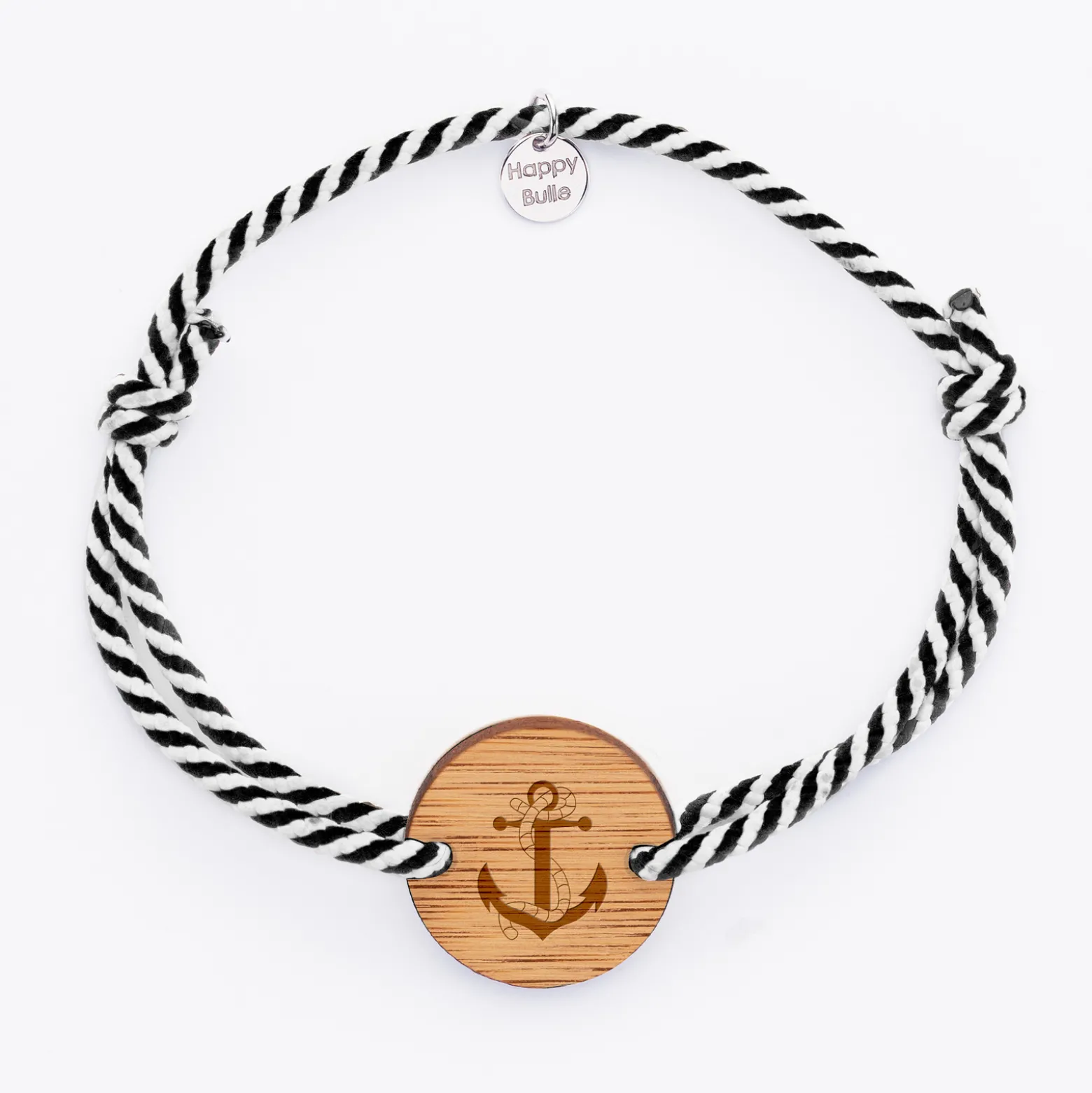 Bracelet homme personnalisé cordon marin tressé médaille gravée bois ronde 2 trous 21 mm - Edition spéciale Marin