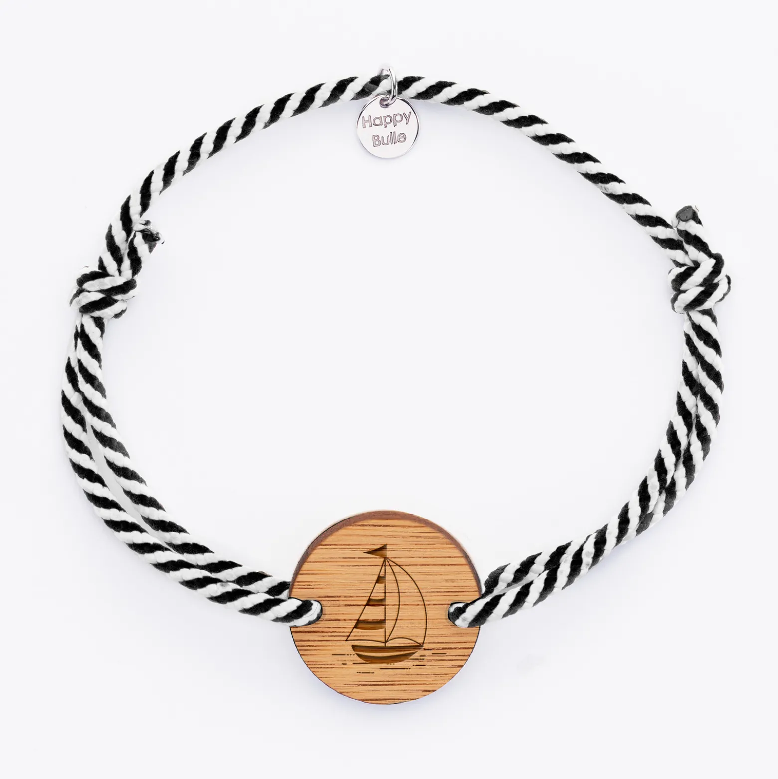 Bracelet homme personnalisé cordon marin tressé médaille gravée bois ronde 2 trous 21 mm - Edition spéciale Marin