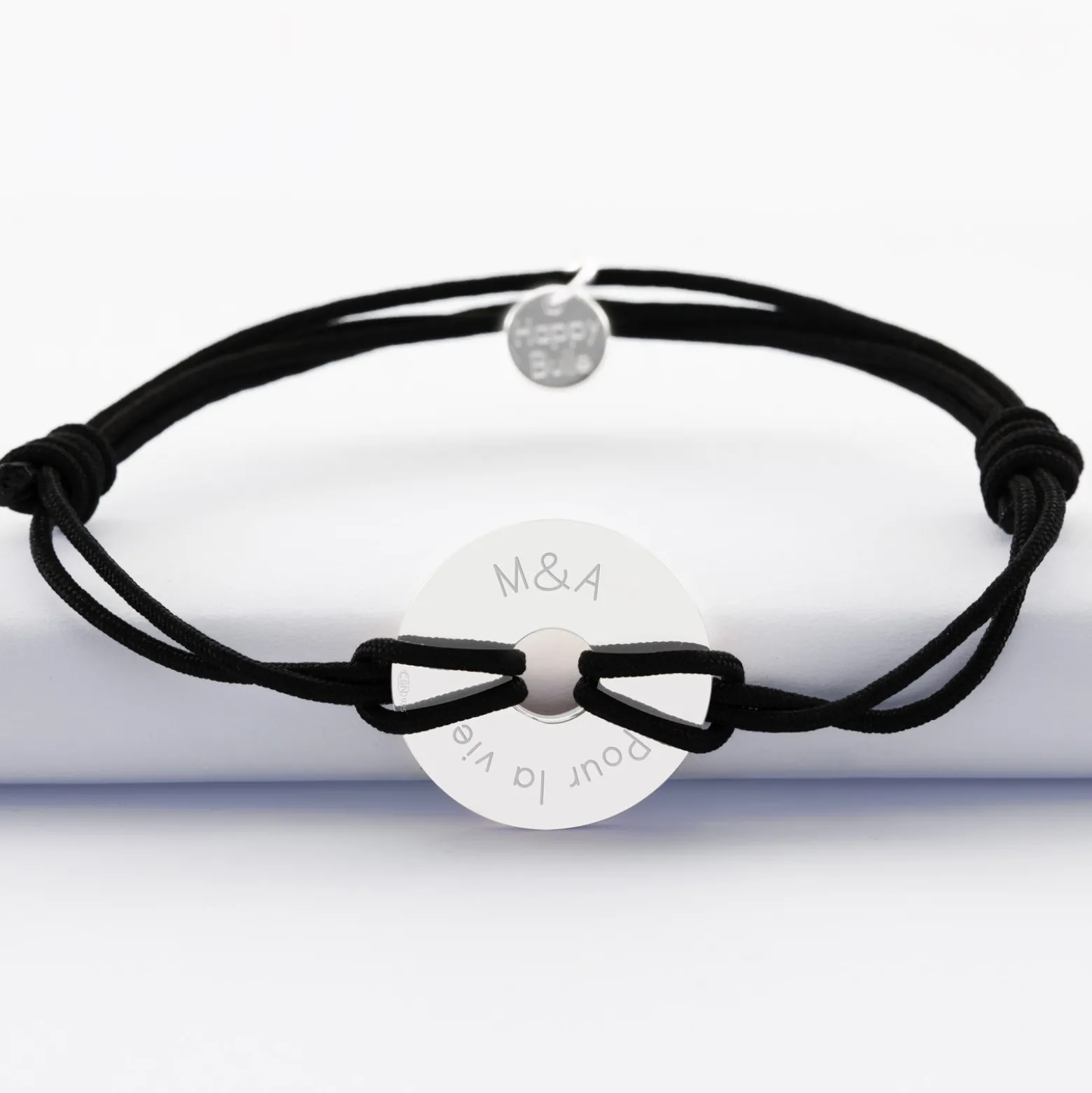 Bracelet homme personnalisé cordon double médaille gravée argent cible soleil 20 mm