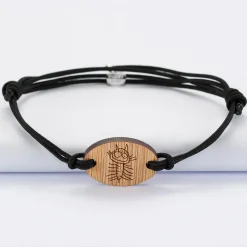 Bracelet homme personnalisé cordon double médaille gravée bois ovale 2 trous 25x17 mm