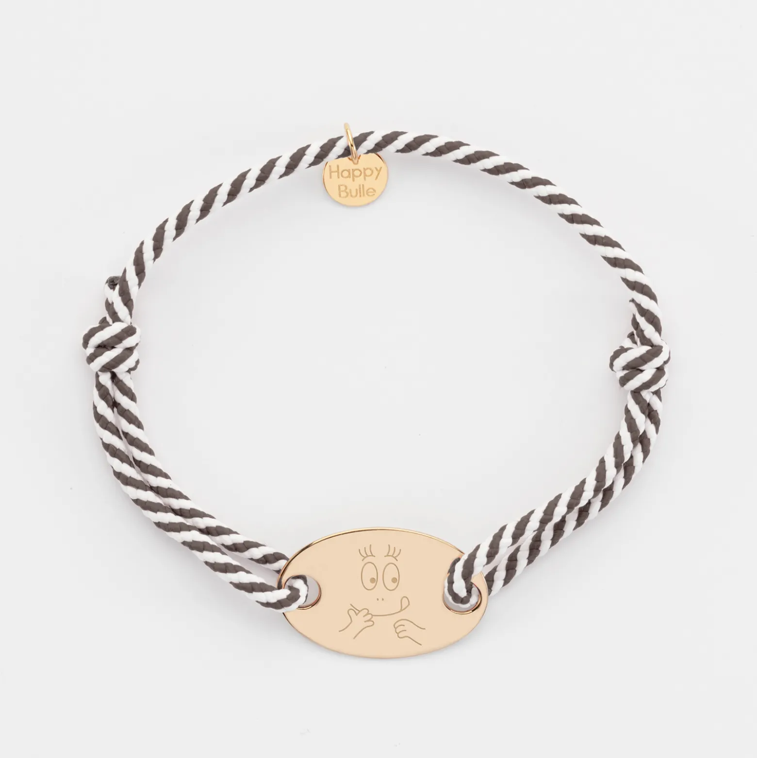 Bracelet homme personnalisé cordon marin tressé médaille gravée plaqué or ovale 25x16 mm - Happybulle x Barbapapa