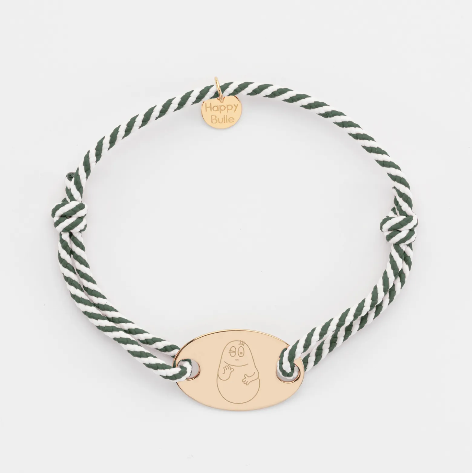Bracelet homme personnalisé cordon marin tressé médaille gravée plaqué or ovale 25x16 mm - Happybulle x Barbapapa