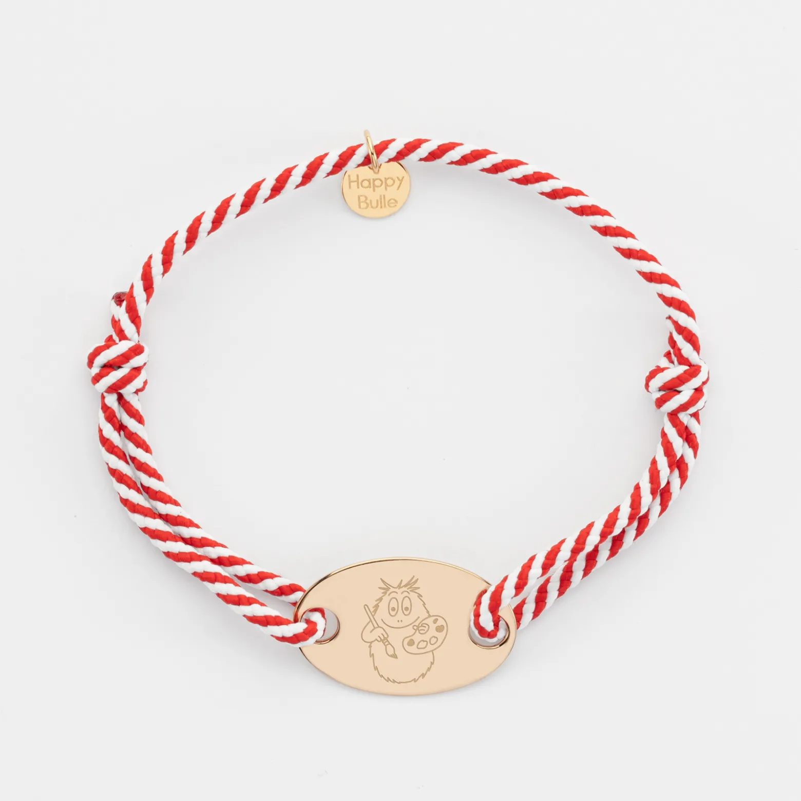 Bracelet homme personnalisé cordon marin tressé médaille gravée plaqué or ovale 25x16 mm - Happybulle x Barbapapa