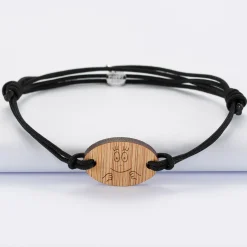 Bracelet homme personnalisé cordon double médaille gravée bois ovale 2 trous 25x17 mm - HappyBulle x Barbapapa