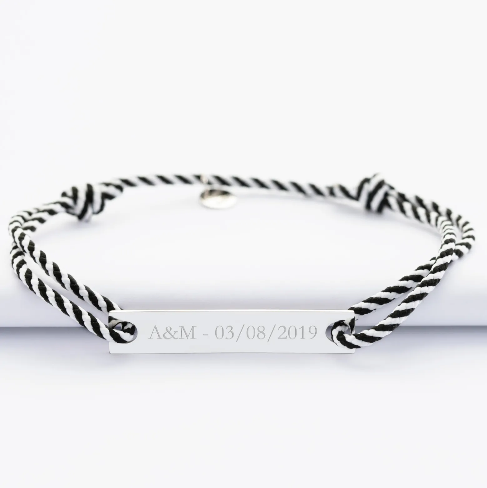 Bracelet homme personnalisé cordon marin tressé médaille gravée argent plaque 42x8 mm