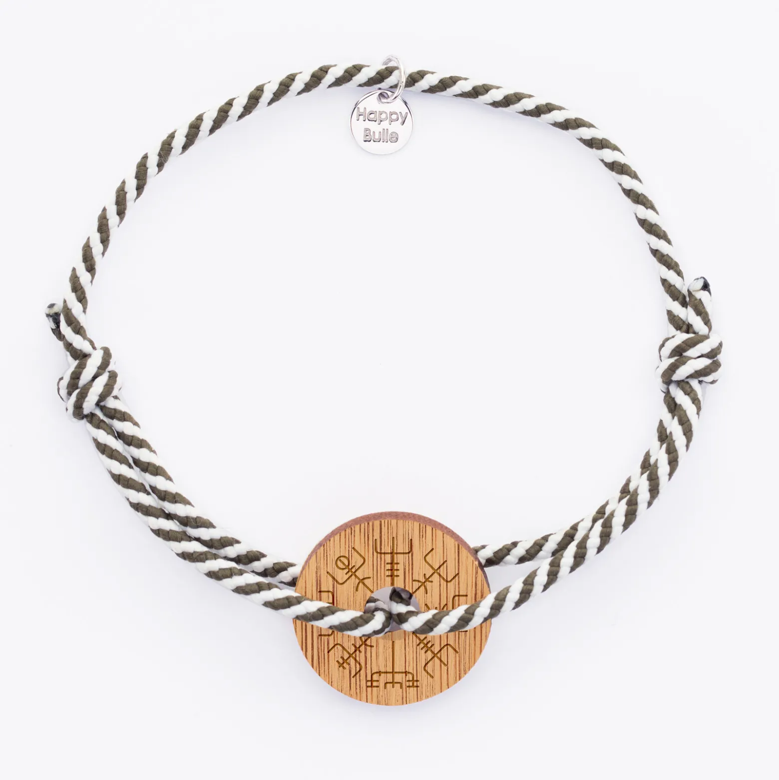 Bracelet homme personnalisé cordon marin tressé médaille gravée bois cible ronde 21 mm