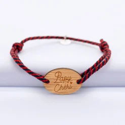 Bracelet homme personnalisé cordon marin tressé médaille gravée bois ovale 2 trous 25x17 mm
