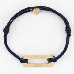 Bracelet homme personnalisé cordon double médaille gravée acier doré rectangle évidé 32x14 mm