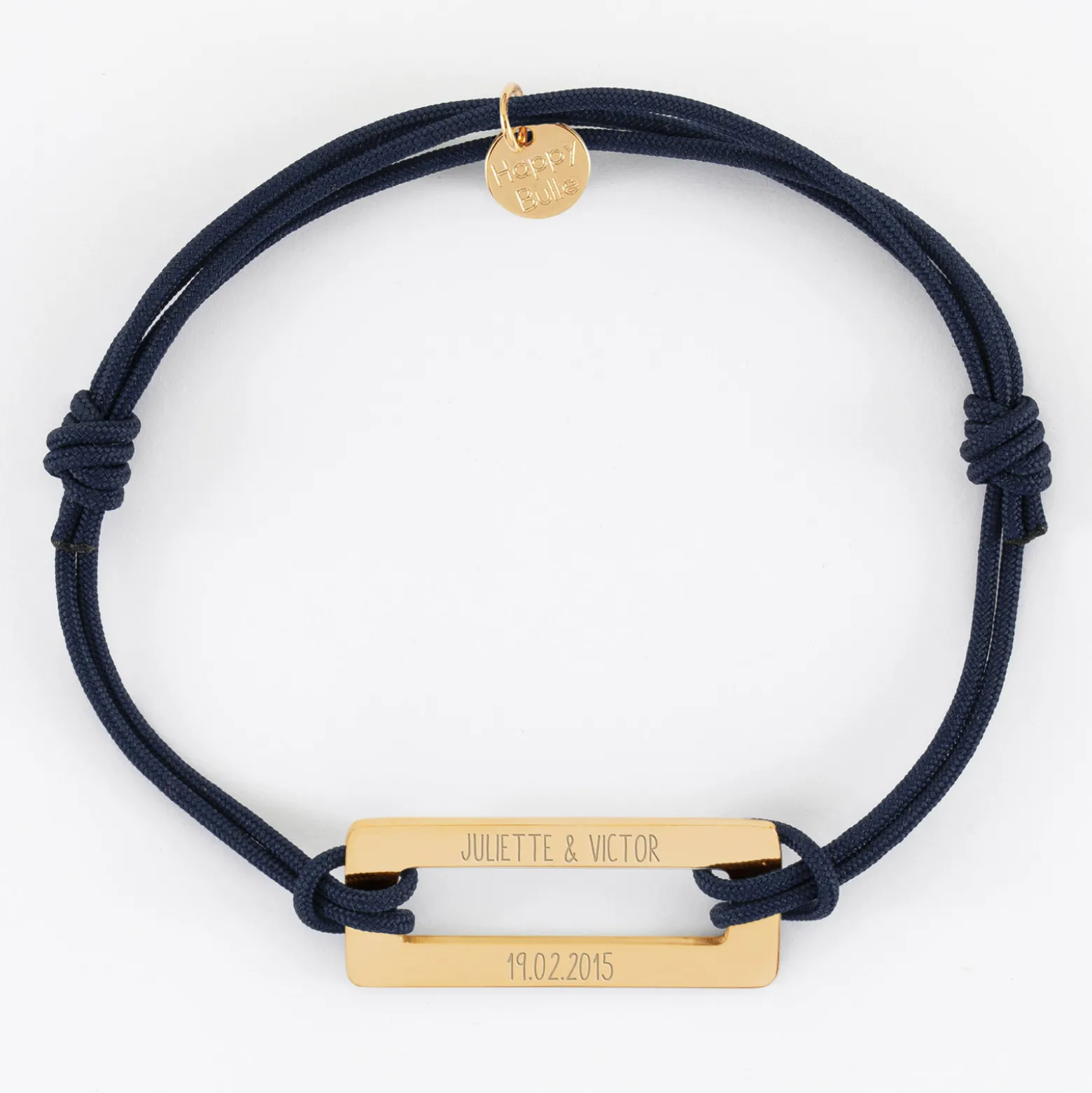 Bracelet homme personnalisé cordon double médaille gravée acier doré rectangle évidé 32x14 mm