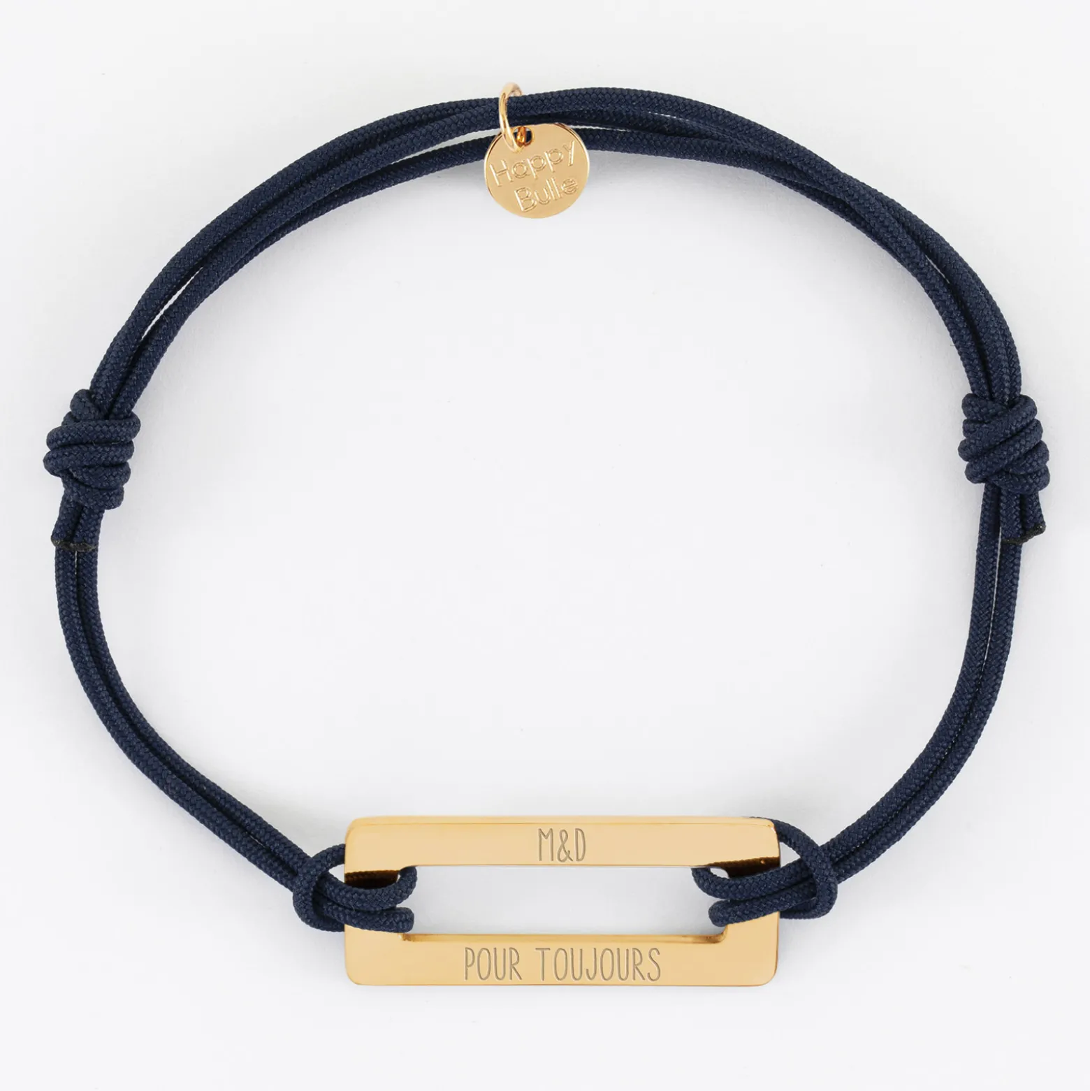 Bracelet homme personnalisé cordon double médaille gravée acier doré rectangle évidé 32x14 mm
