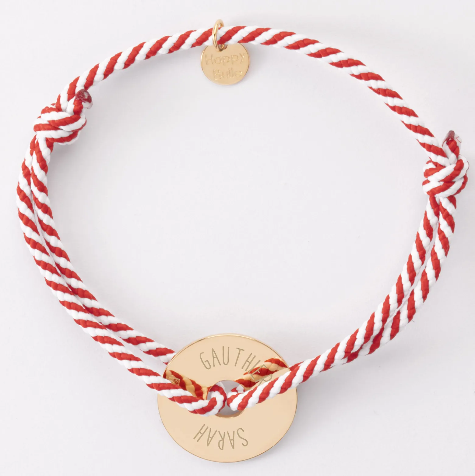 Bracelet homme personnalisé cordon tressé médaille gravée plaqué or cible soleil 20 mm