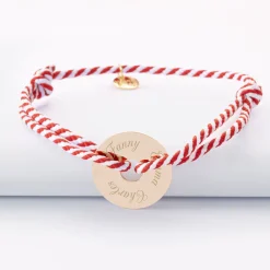Bracelet homme personnalisé cordon tressé médaille gravée plaqué or cible soleil 20 mm
