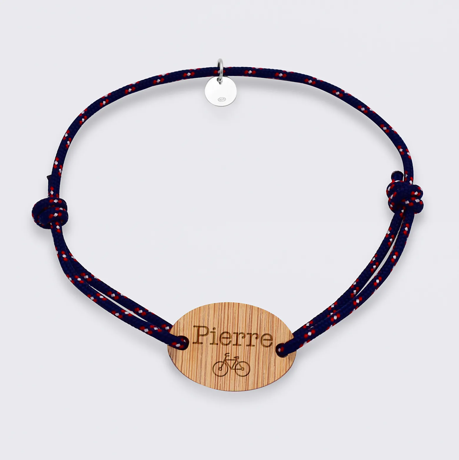 Bracelet homme personnalisé cordage marin simple médaille gravée bois ovale 2 trous 25x17 mm