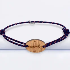 Bracelet homme personnalisé cordage marin simple médaille gravée bois ovale 2 trous 25x17 mm