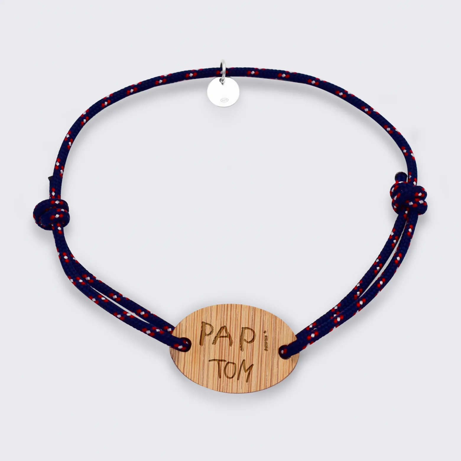 Bracelet homme personnalisé cordage marin simple médaille gravée bois ovale 2 trous 25x17 mm