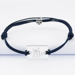 Bracelet homme personnalisé cordon doublé médaille gravée argent rectangle 23x16 mm