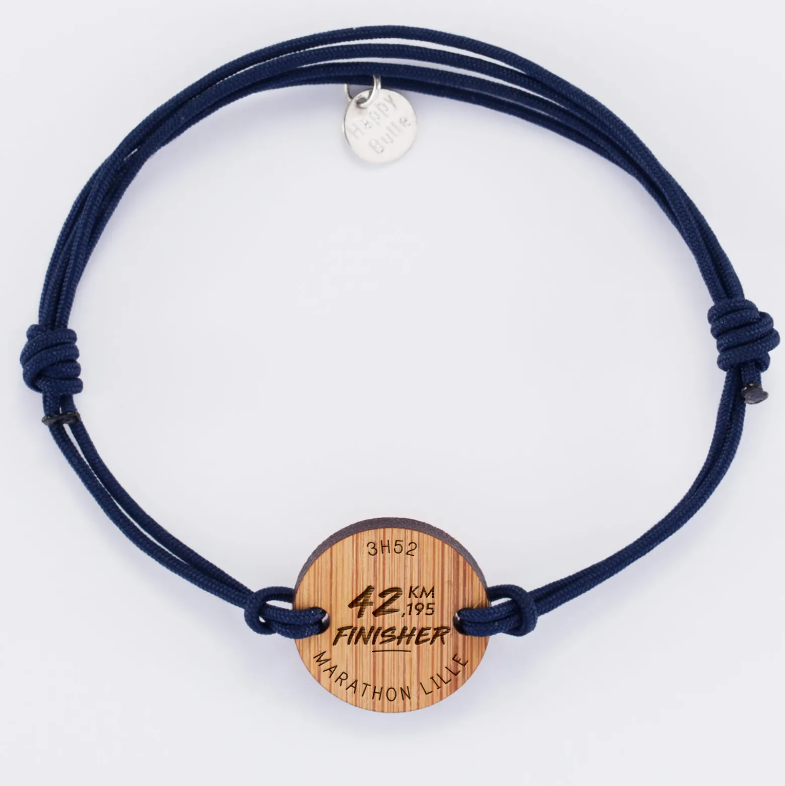 Bracelet homme personnalisé médaille gravée bois ronde 21 mm - Edition spéciale "Finisher running et triathlon"