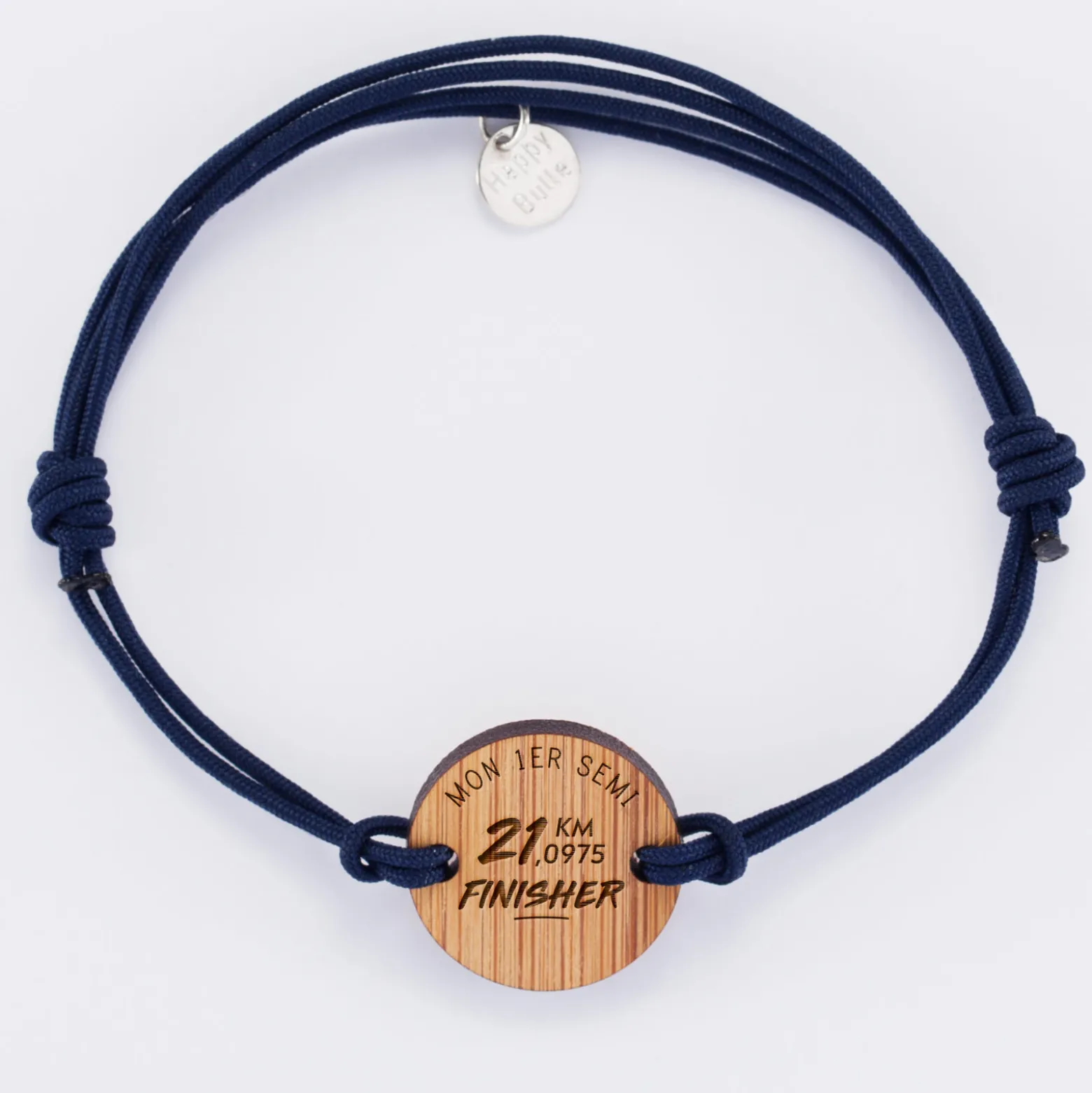 Bracelet homme personnalisé médaille gravée bois ronde 21 mm - Edition spéciale "Finisher running et triathlon"