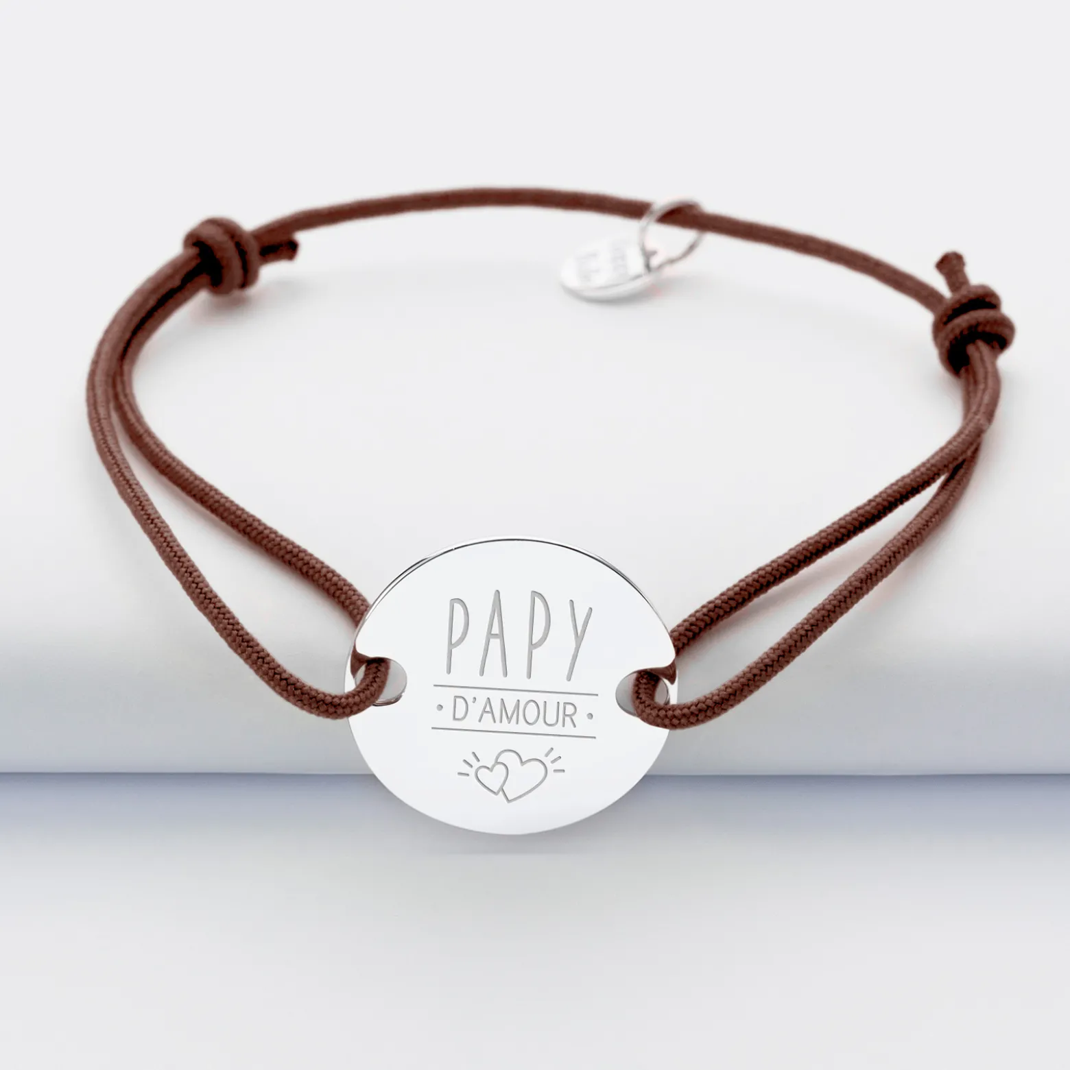 Bracelet homme personnalisé cordon simple médaille gravée argent 2 trous 20 mm