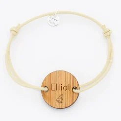 Bracelet homme personnalisé cordon simple médaille gravée bois ronde 2 trous 21 mm