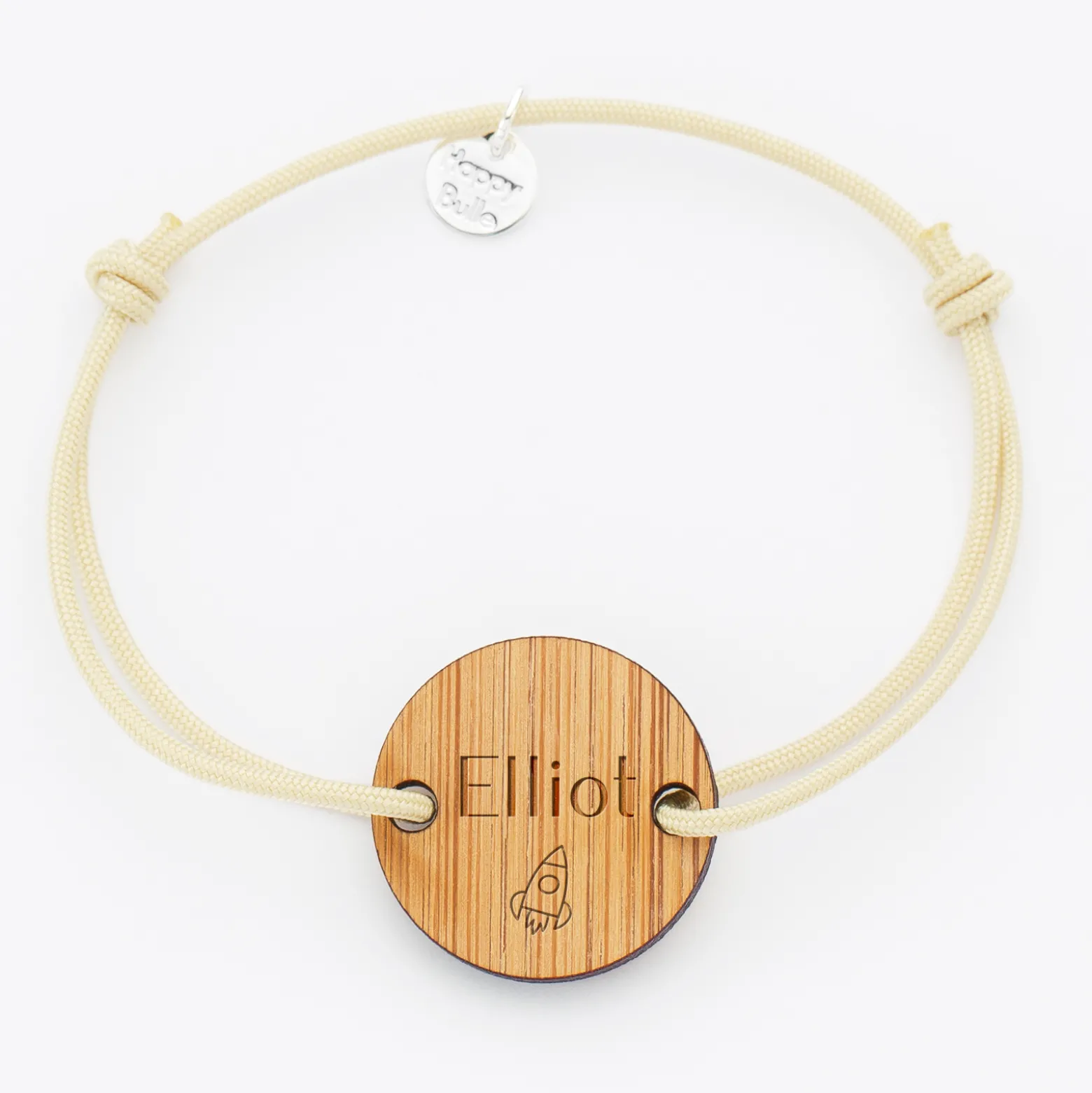 Bracelet homme personnalisé cordon simple médaille gravée bois ronde 2 trous 21 mm