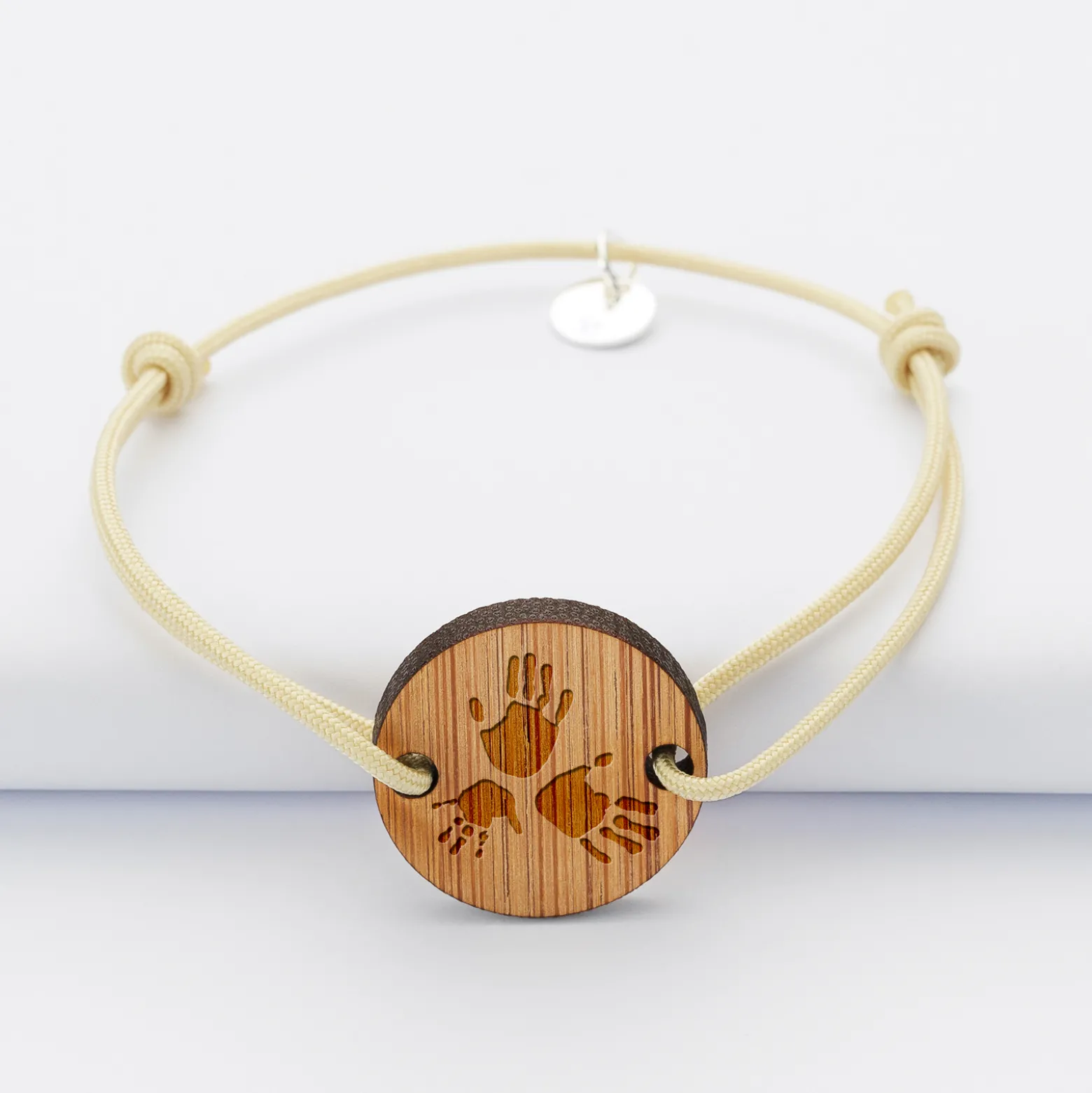 Bracelet homme personnalisé cordon simple médaille gravée bois ronde 2 trous 21 mm
