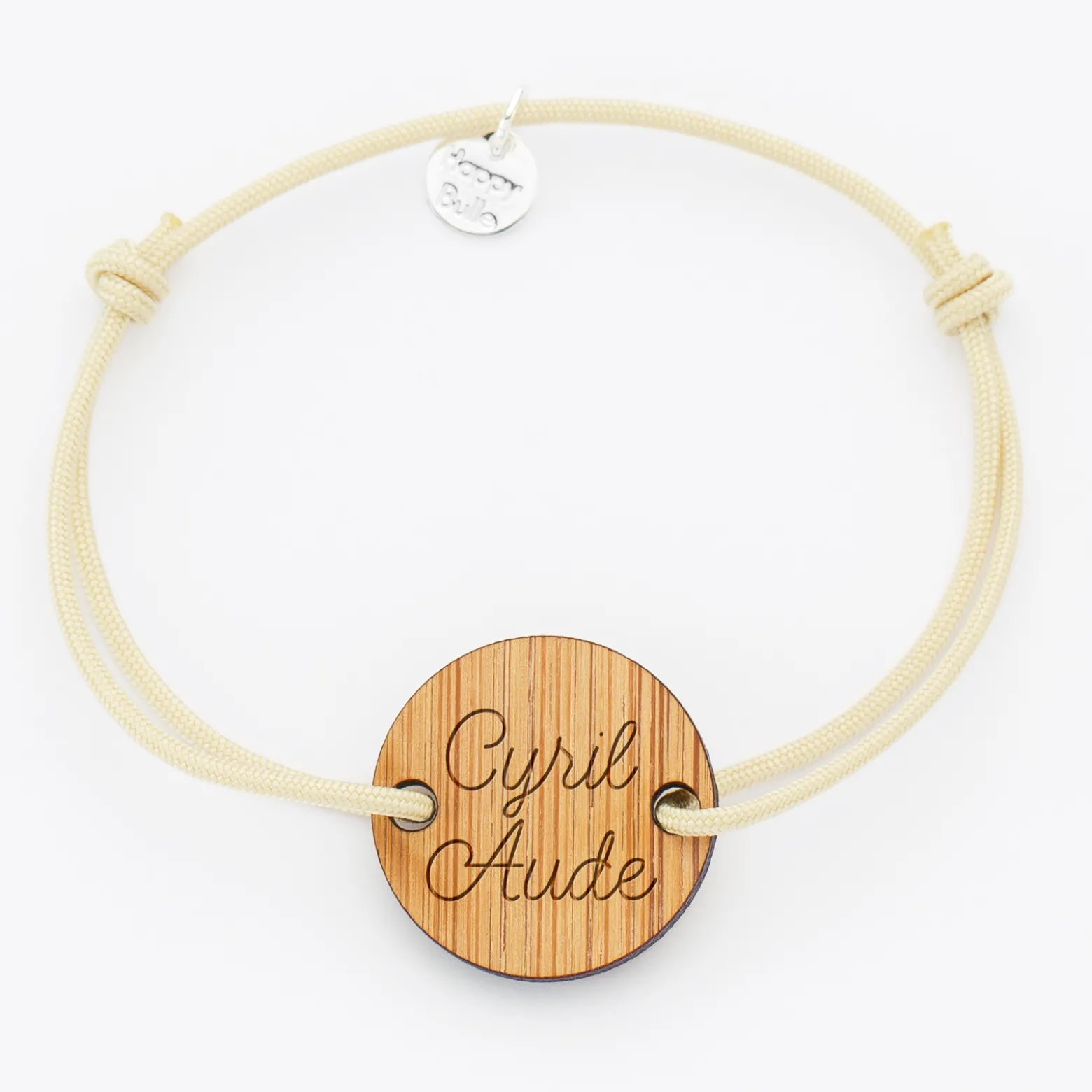 Bracelet homme personnalisé cordon simple médaille gravée bois ronde 2 trous 21 mm