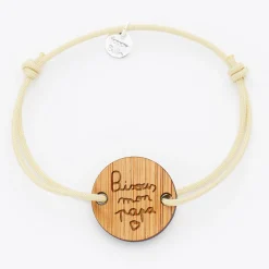Bracelet homme personnalisé cordon simple médaille gravée bois ronde 2 trous 21 mm