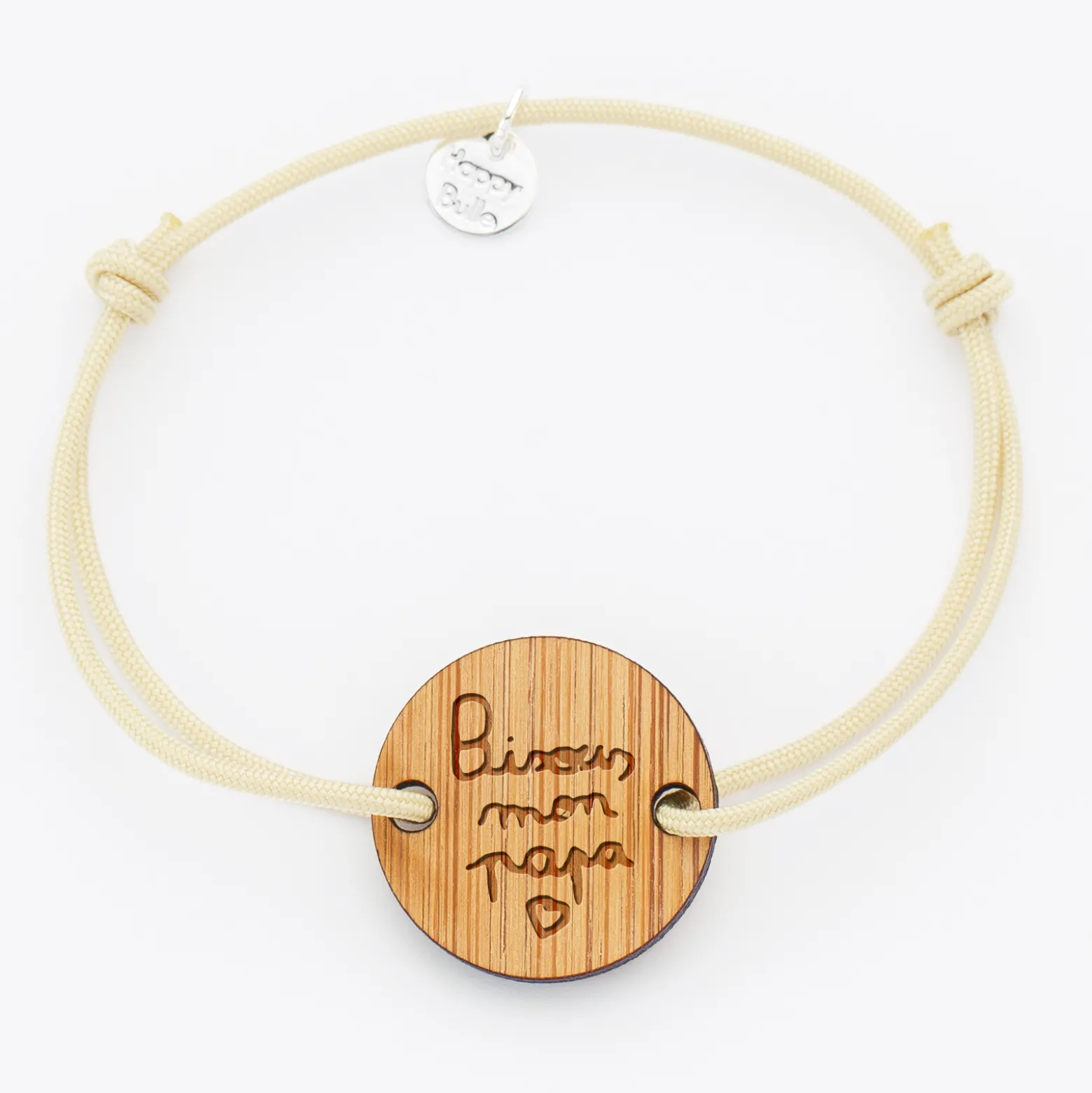 Bracelet homme personnalisé cordon simple médaille gravée bois ronde 2 trous 21 mm