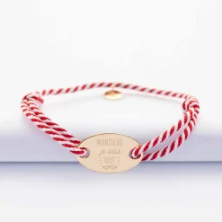 Bracelet homme personnalisé cordon marin tressé médaille gravée plaqué or ovale 25x16 mm