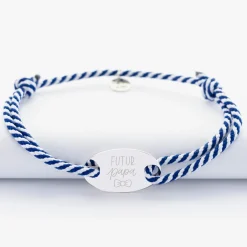 Bracelet homme personnalisé cordon marin tressé médaille gravée argent ovale 25x16 mm