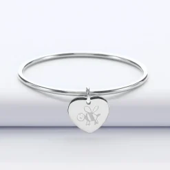 Bracelet jonc personnalisé médaille gravée acier coeur 20x18 mm
