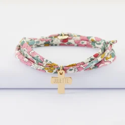Bracelet Liberty 3 tours personnalisé médaille gravée plaqué or croix 15x13 mm