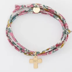 Bracelet Liberty 3 tours personnalisé médaille gravée plaqué or croix 15x13 mm