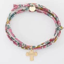 Bracelet Liberty 3 tours personnalisé médaille gravée plaqué or croix 15x13 mm