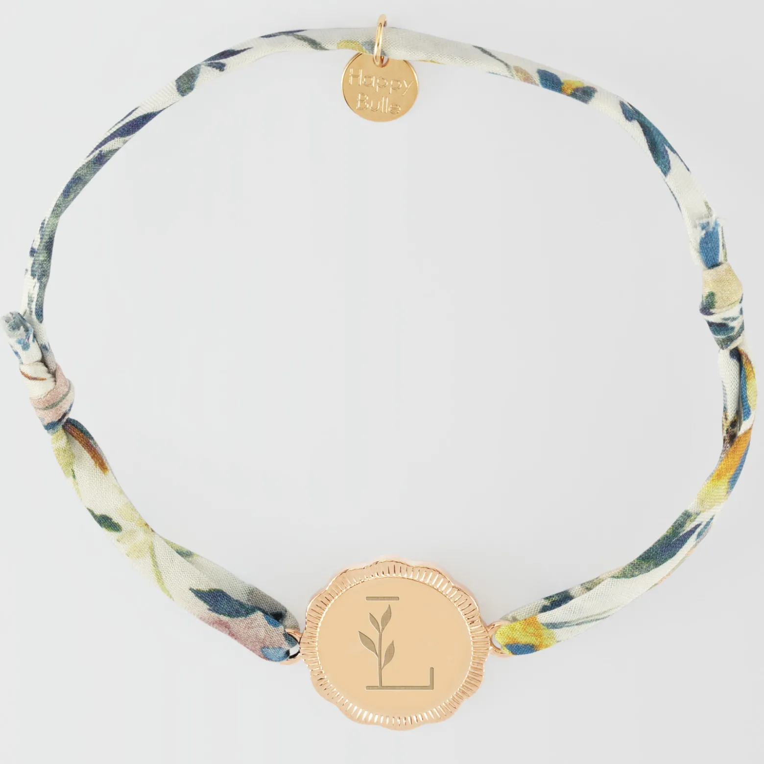 Bracelet Liberty personnalisé médaille contour fleur gravée plaqué or 2 trous 18 mm