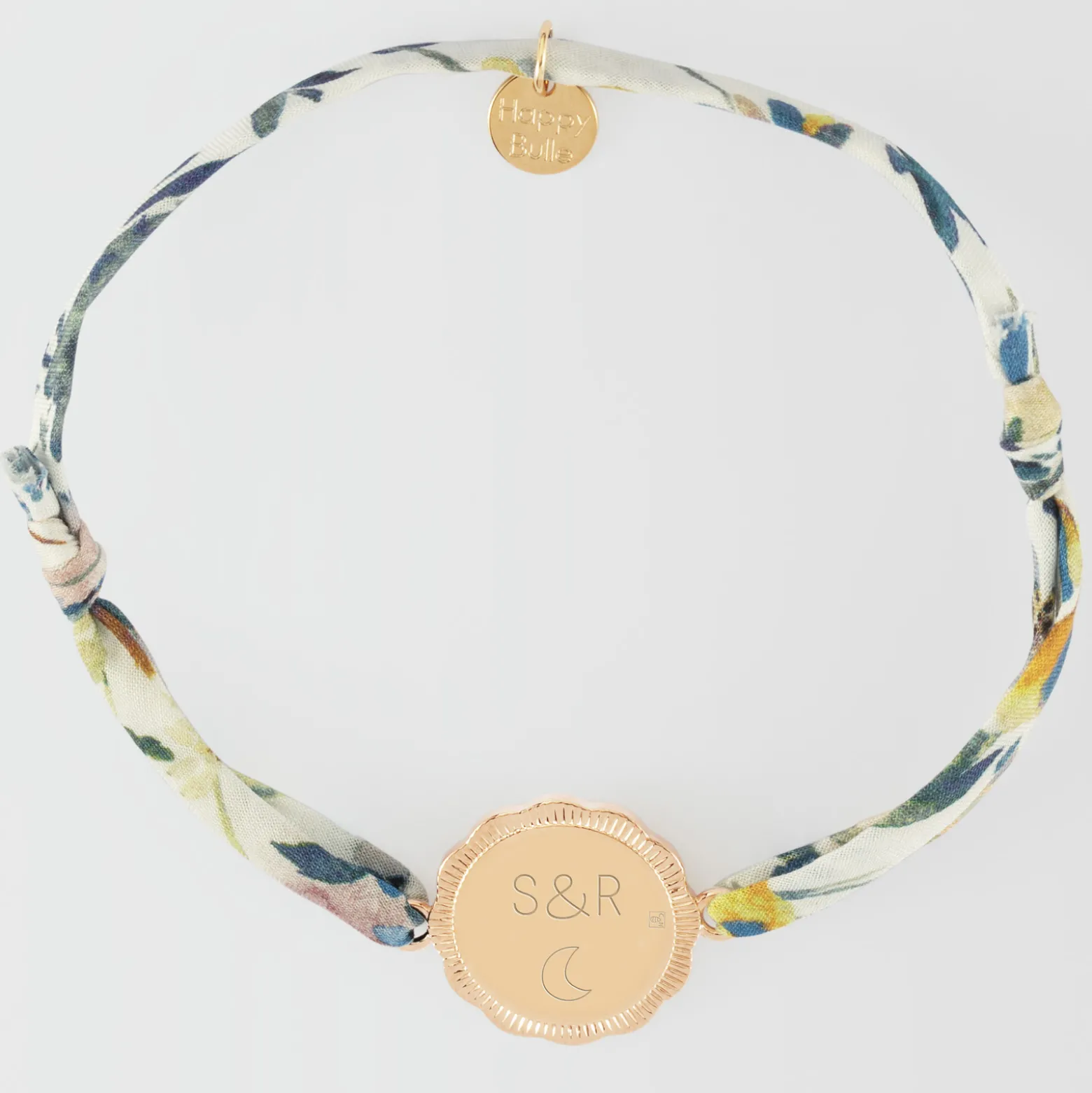 Bracelet Liberty personnalisé médaille contour fleur gravée plaqué or 2 trous 18 mm