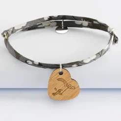 Bracelet Liberty personnalisé médaille gravée bois dormeuse coeur 19x21 mm