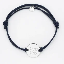 Bracelet Marié personnalisé cordon doublé médaille gravée argent 2 trous 20 mm