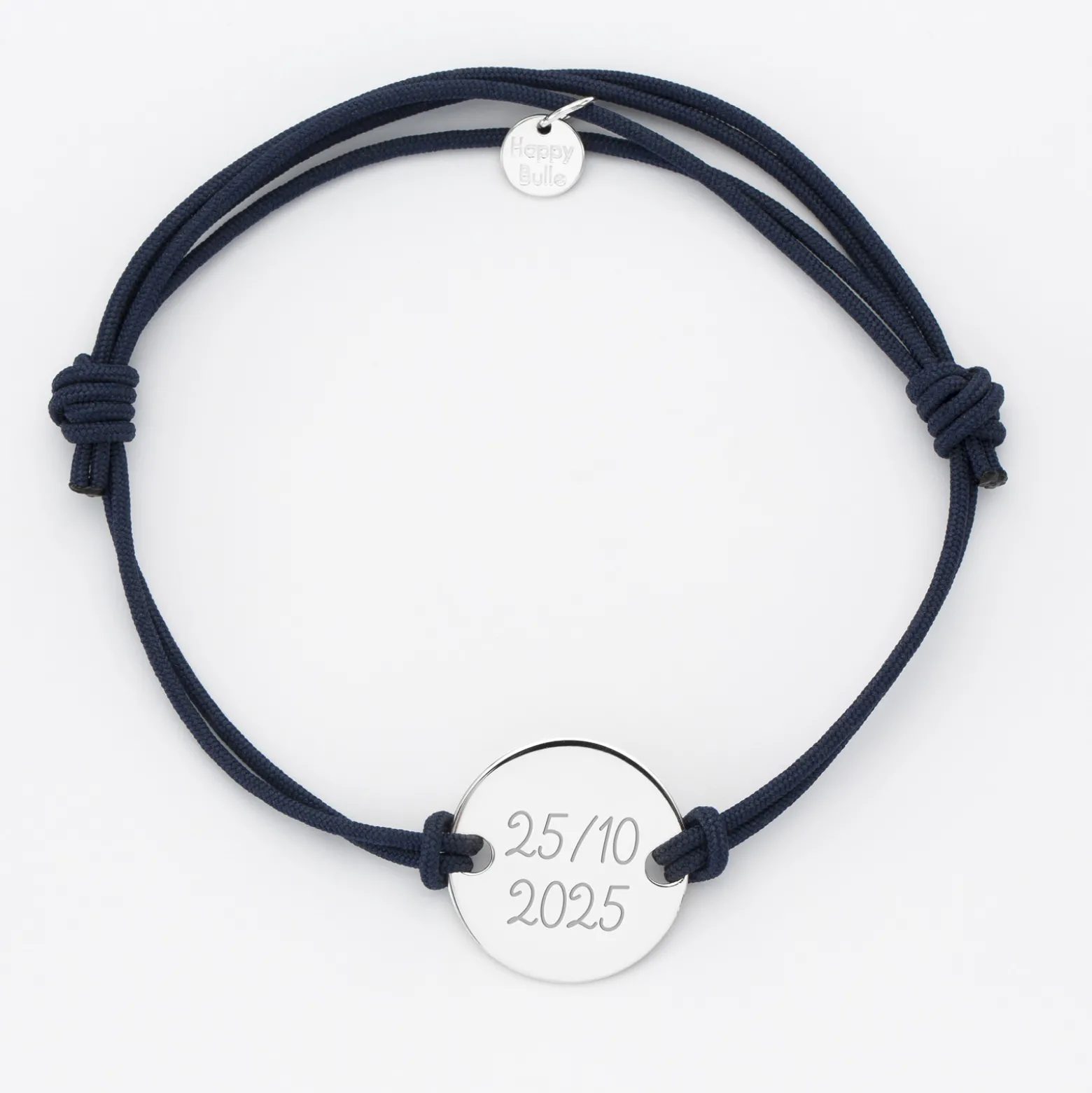 Bracelet Marié personnalisé cordon doublé médaille gravée argent 2 trous 20 mm