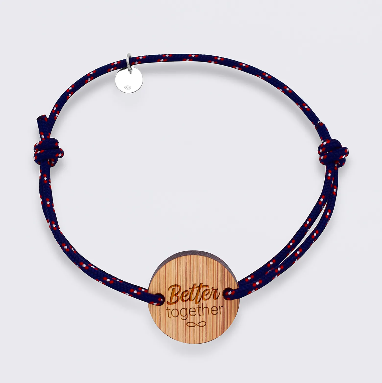 Bracelet Marié personnalisé cordage marin simple médaille gravée bois ronde 2 trous 21 mm