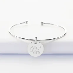 Bracelet Mariée personnalisé jonc ouvert boules argent médaille gravée 15 mm