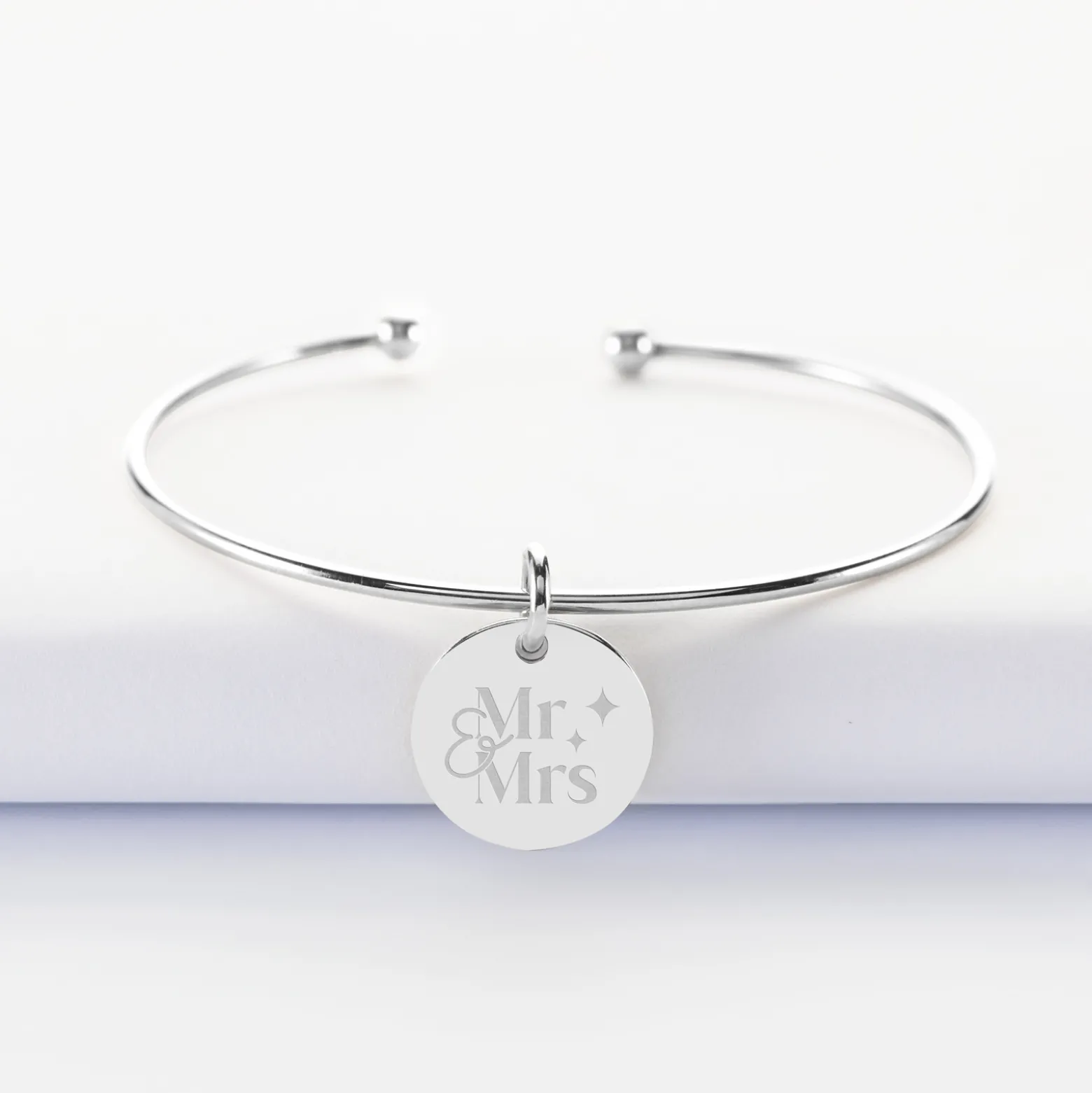 Bracelet Mariée personnalisé jonc ouvert boules argent médaille gravée 15 mm