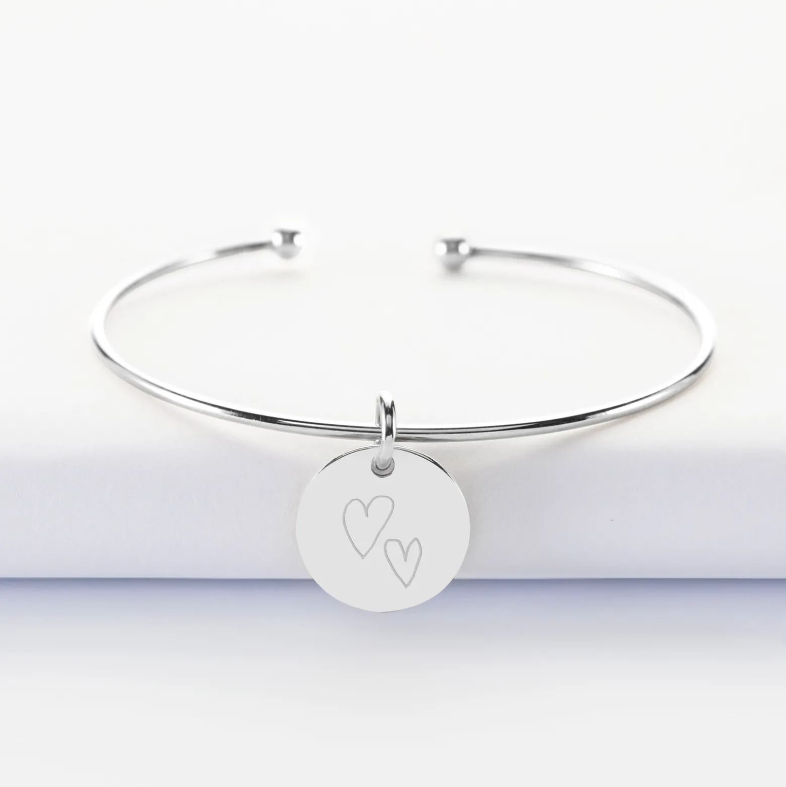 Bracelet Mariée personnalisé jonc ouvert boules argent médaille gravée 15 mm
