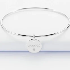 Bracelet Mariée personnalisé jonc argent médaille gravée 15 mm